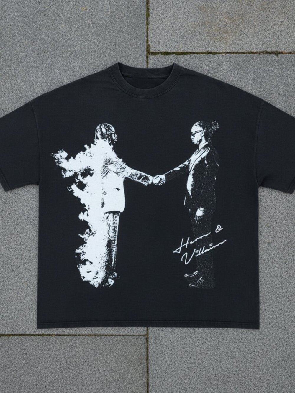 Black Graphic T-Shirt Vintage Music Inspired Handshake Print Unisex Retro Tee